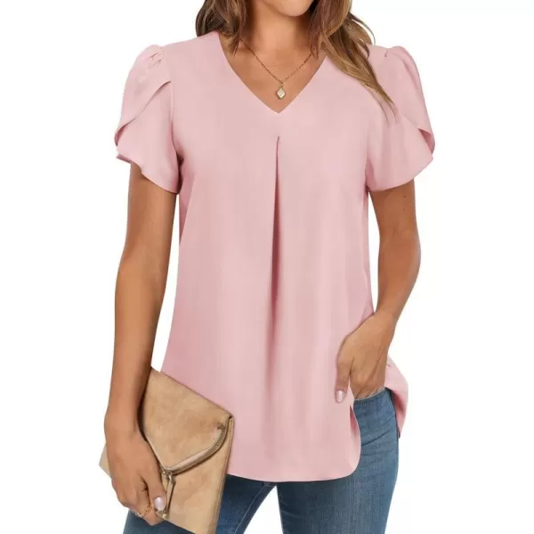 imageANRABESS Womens Summer Casual V Neck Short Sleeve Shirts Cute Dressy Chiffon Tunic Tops BlousePink