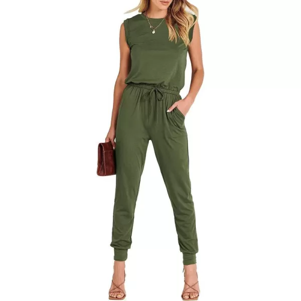 imageANRABESS Womens Summer Crewneck Sleeveless Casual Loose Stretchy Jumpsuits Rompers with PocketsArmy Green
