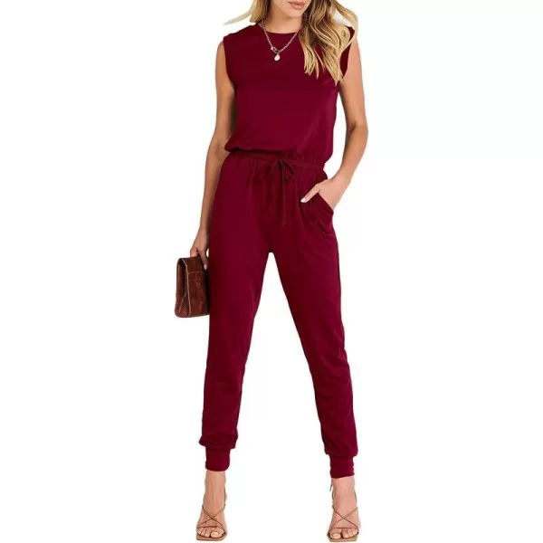 imageANRABESS Womens Summer Crewneck Sleeveless Casual Loose Stretchy Jumpsuits Rompers with PocketsWine Red