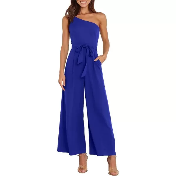 imageANRABESS Womens Summer Dressy One Shoulder Sleeveless Tie Waist Backless Casual Wide Leg Jumpsuit Rompers PocketsRoyal Blue