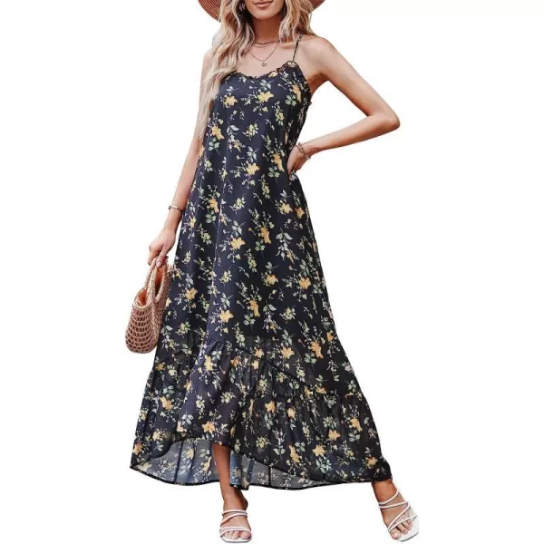 imageANRABESS Womens Summer High Low Ruffle Maxi Dress Spaghetti Strap Print Flowy Beach Long DressBlack Green