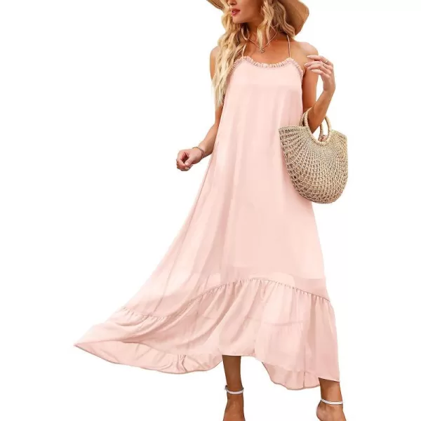 imageANRABESS Womens Summer High Low Ruffle Maxi Dress Spaghetti Strap Print Flowy Beach Long DressPink