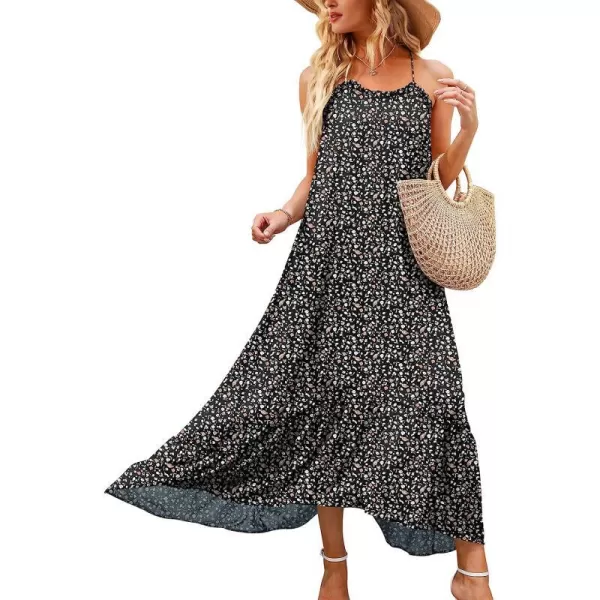 imageANRABESS Womens Summer High Low Ruffle Maxi Dress Spaghetti Strap Print Flowy Beach Long DressPrint Black