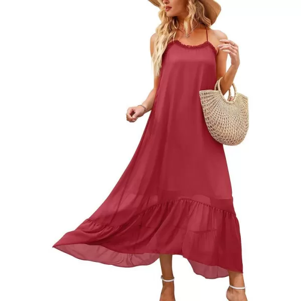 imageANRABESS Womens Summer High Low Ruffle Maxi Dress Spaghetti Strap Print Flowy Beach Long DressRed