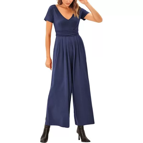imageANRABESS Womens Summer Jumpsuit Casual Short Sleeve V Neck Pleated High Waist Wide Leg Jumpsuit Romper with Pockets02navy Blue