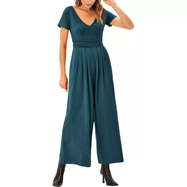 imageANRABESS Womens Summer Jumpsuit Casual Short Sleeve V Neck Pleated High Waist Wide Leg Jumpsuit Romper with Pockets05teal Blue