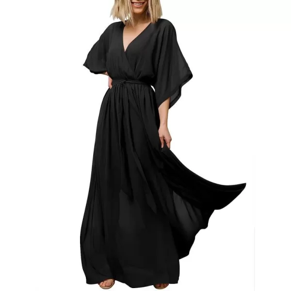 imageANRABESS Womens Summer Loose Kimono Maxi Dress Wrap V Neck 34 Sleeve Floral Print Slit Long DressesBlack