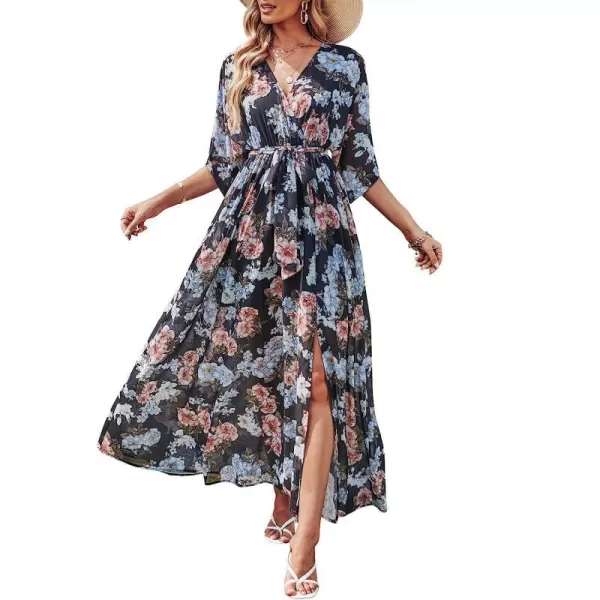 imageANRABESS Womens Summer Loose Kimono Maxi Dress Wrap V Neck 34 Sleeve Floral Print Slit Long DressesBlack Flor