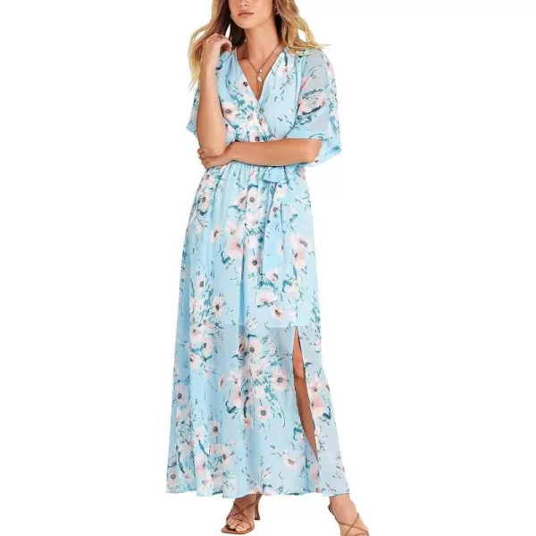 imageANRABESS Womens Summer Loose Kimono Maxi Dress Wrap V Neck 34 Sleeve Floral Print Slit Long DressesBlue Flor