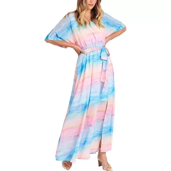 imageANRABESS Womens Summer Loose Kimono Maxi Dress Wrap V Neck 34 Sleeve Floral Print Slit Long DressesBlue Pink