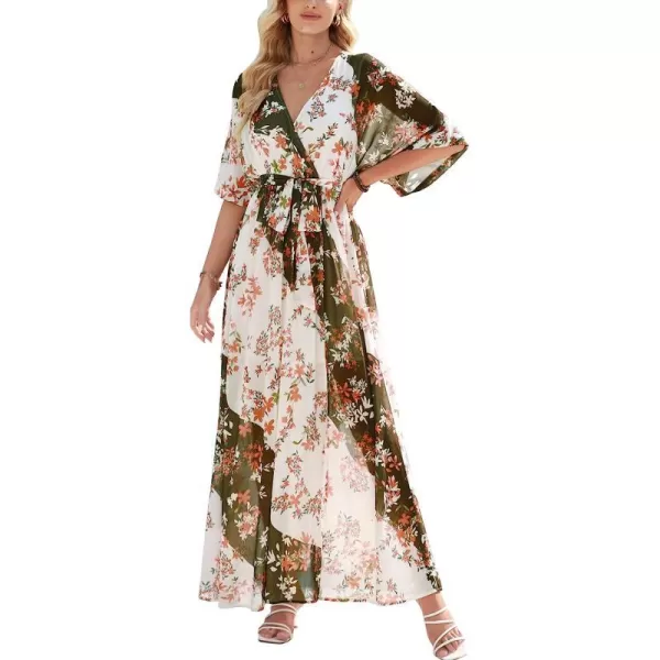 imageANRABESS Womens Summer Loose Kimono Maxi Dress Wrap V Neck 34 Sleeve Floral Print Slit Long DressesBrownbeige