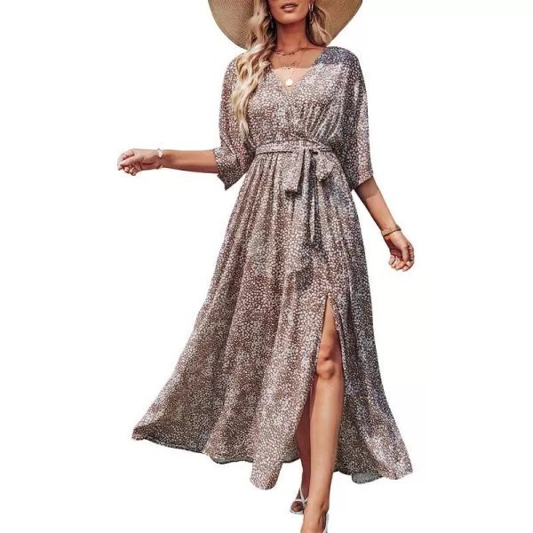 imageANRABESS Womens Summer Loose Kimono Maxi Dress Wrap V Neck 34 Sleeve Floral Print Slit Long DressesConch