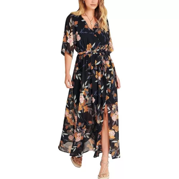 imageANRABESS Womens Summer Loose Kimono Maxi Dress Wrap V Neck 34 Sleeve Floral Print Slit Long DressesFloral Black Yellow