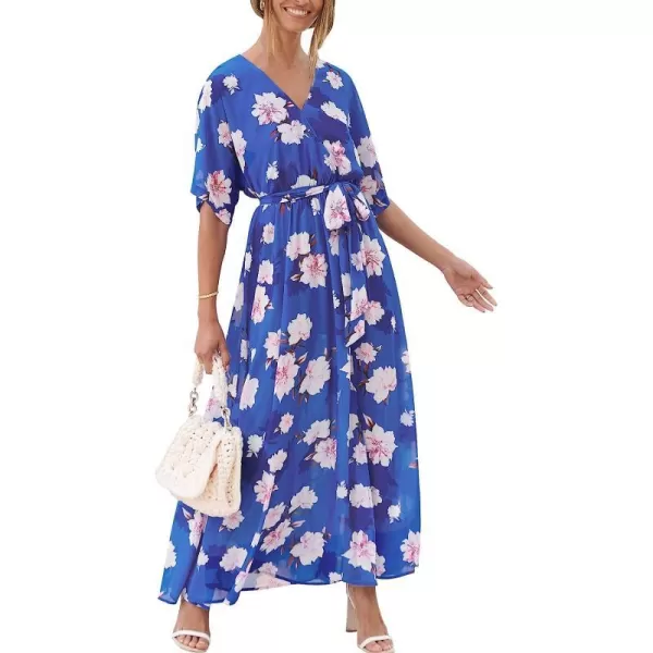 imageANRABESS Womens Summer Loose Kimono Maxi Dress Wrap V Neck 34 Sleeve Floral Print Slit Long DressesFloral Blue