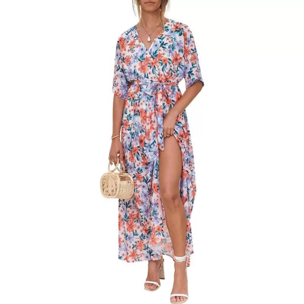imageANRABESS Womens Summer Loose Kimono Maxi Dress Wrap V Neck 34 Sleeve Floral Print Slit Long DressesFloral Blue Pink