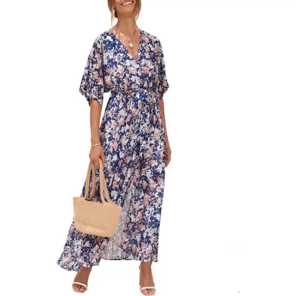 imageANRABESS Womens Summer Loose Kimono Maxi Dress Wrap V Neck 34 Sleeve Floral Print Slit Long DressesFloral Blue White