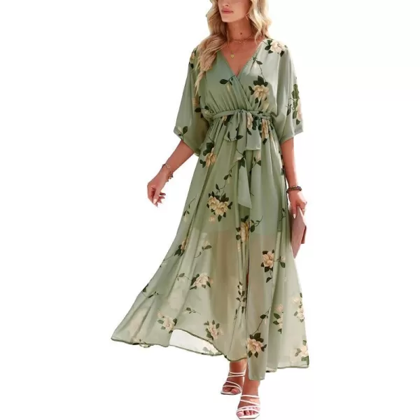 imageANRABESS Womens Summer Loose Kimono Maxi Dress Wrap V Neck 34 Sleeve Floral Print Slit Long DressesFloral Green
