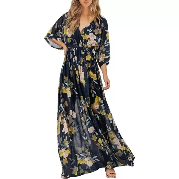 imageANRABESS Womens Summer Loose Kimono Maxi Dress Wrap V Neck 34 Sleeve Floral Print Slit Long DressesFloral Navy Yellow