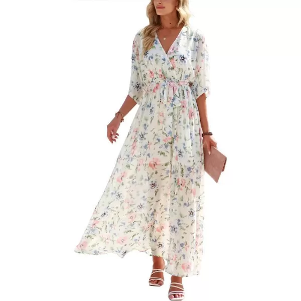 imageANRABESS Womens Summer Loose Kimono Maxi Dress Wrap V Neck 34 Sleeve Floral Print Slit Long DressesFloral Pink Blue