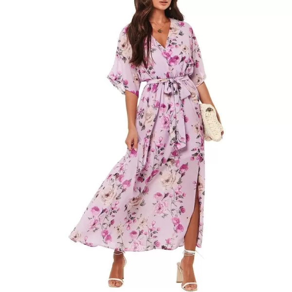 imageANRABESS Womens Summer Loose Kimono Maxi Dress Wrap V Neck 34 Sleeve Floral Print Slit Long DressesFloral Purple