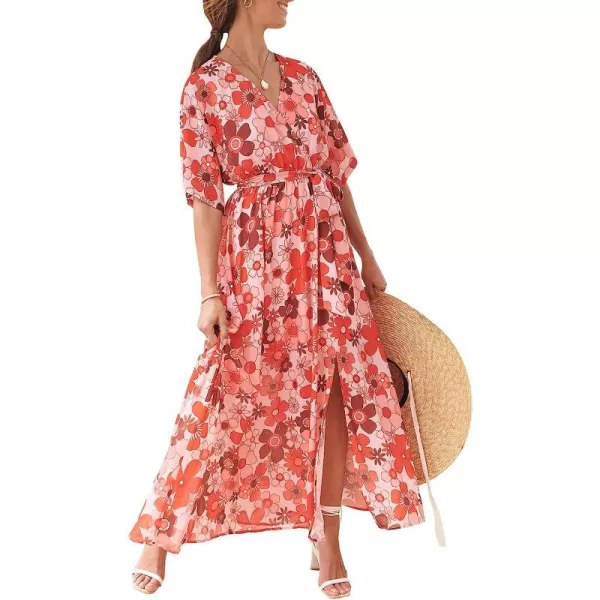 imageANRABESS Womens Summer Loose Kimono Maxi Dress Wrap V Neck 34 Sleeve Floral Print Slit Long DressesFloral Red Pink