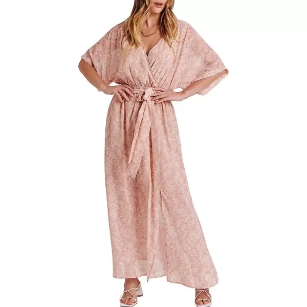 imageANRABESS Womens Summer Loose Kimono Maxi Dress Wrap V Neck 34 Sleeve Floral Print Slit Long DressesFloral Rose Gold