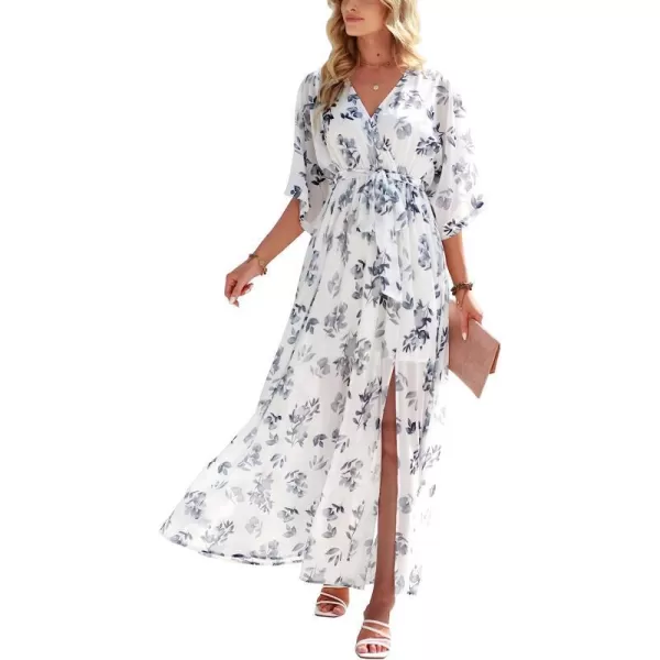 imageANRABESS Womens Summer Loose Kimono Maxi Dress Wrap V Neck 34 Sleeve Floral Print Slit Long DressesFloral White Teal