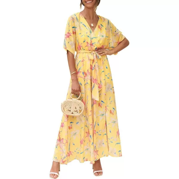 imageANRABESS Womens Summer Loose Kimono Maxi Dress Wrap V Neck 34 Sleeve Floral Print Slit Long DressesFloral Yellow