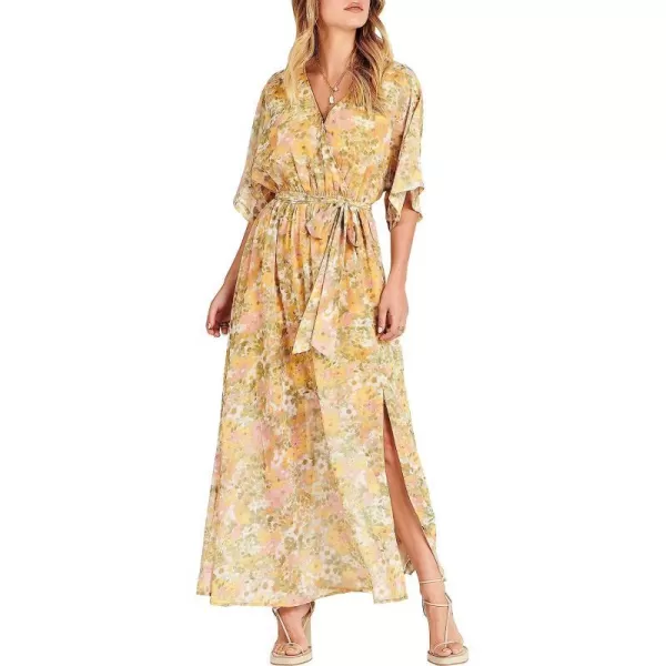 imageANRABESS Womens Summer Loose Kimono Maxi Dress Wrap V Neck 34 Sleeve Floral Print Slit Long DressesFloral Yellow Pink