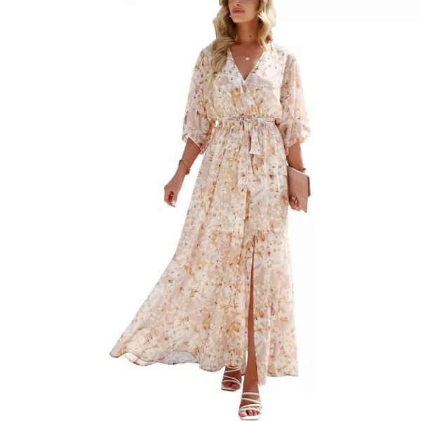 imageANRABESS Womens Summer Loose Kimono Maxi Dress Wrap V Neck 34 Sleeve Floral Print Slit Long DressesFloral Yellow White