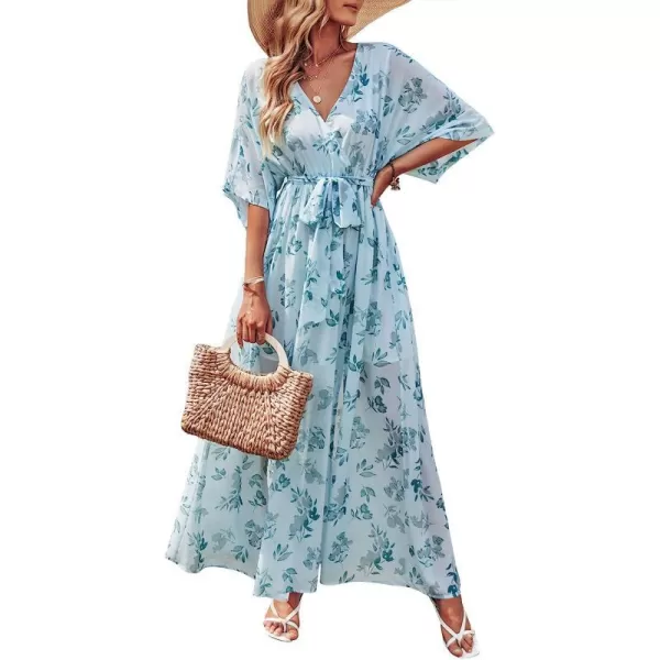 imageANRABESS Womens Summer Loose Kimono Maxi Dress Wrap V Neck 34 Sleeve Floral Print Slit Long DressesGreen Leaf Print