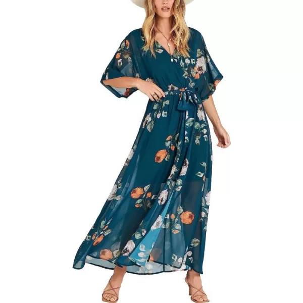 imageANRABESS Womens Summer Loose Kimono Maxi Dress Wrap V Neck 34 Sleeve Floral Print Slit Long DressesGreen Peony
