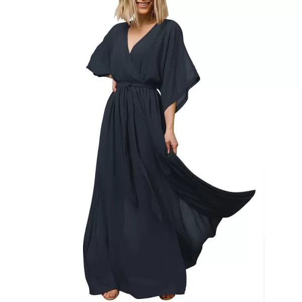 imageANRABESS Womens Summer Loose Kimono Maxi Dress Wrap V Neck 34 Sleeve Floral Print Slit Long DressesNavy Blue