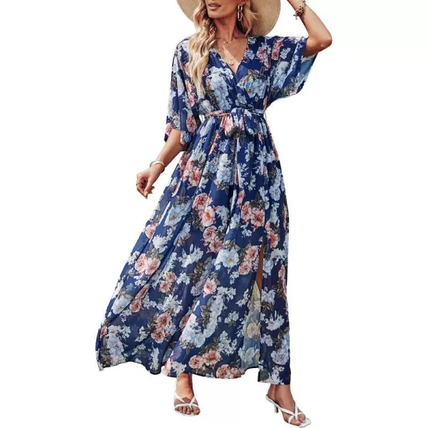 imageANRABESS Womens Summer Loose Kimono Maxi Dress Wrap V Neck 34 Sleeve Floral Print Slit Long DressesNavy Flor