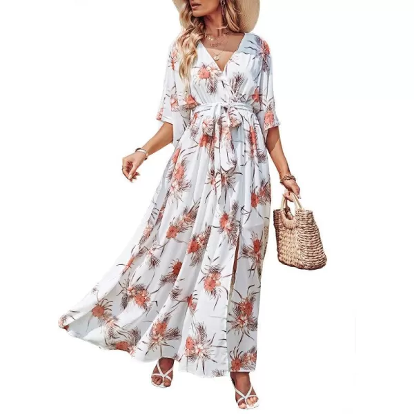 imageANRABESS Womens Summer Loose Kimono Maxi Dress Wrap V Neck 34 Sleeve Floral Print Slit Long DressesPalm Flor
