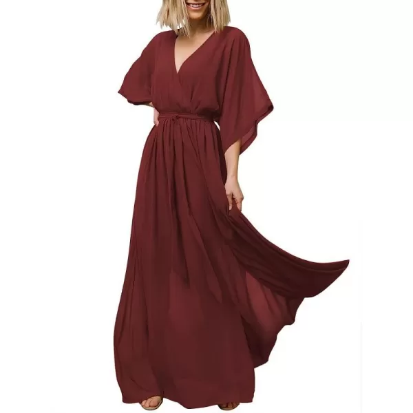 imageANRABESS Womens Summer Loose Kimono Maxi Dress Wrap V Neck 34 Sleeve Floral Print Slit Long DressesRed