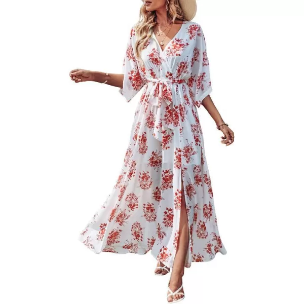 imageANRABESS Womens Summer Loose Kimono Maxi Dress Wrap V Neck 34 Sleeve Floral Print Slit Long DressesRed Flor