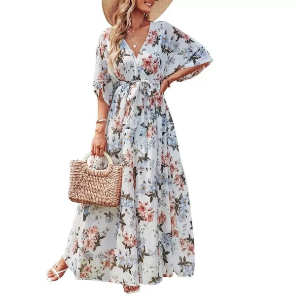 imageANRABESS Womens Summer Loose Kimono Maxi Dress Wrap V Neck 34 Sleeve Floral Print Slit Long DressesWhite Flor