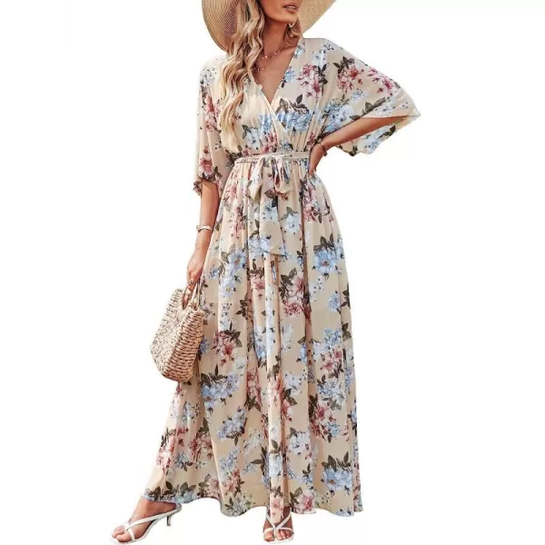 imageANRABESS Womens Summer Loose Kimono Maxi Dress Wrap V Neck 34 Sleeve Floral Print Slit Long DressesYellow Flor