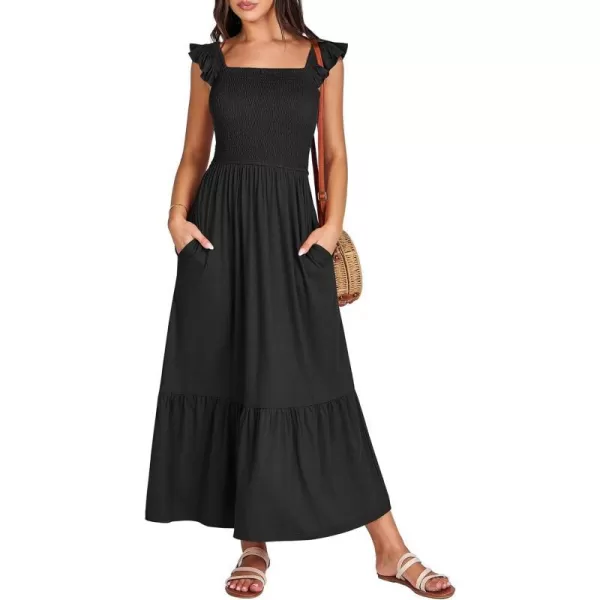 imageANRABESS Womens Summer Maxi Dress Square Neck Ruffle Sleeveless Smocked Tiered Casual Beach Sundress with PocketsBlack