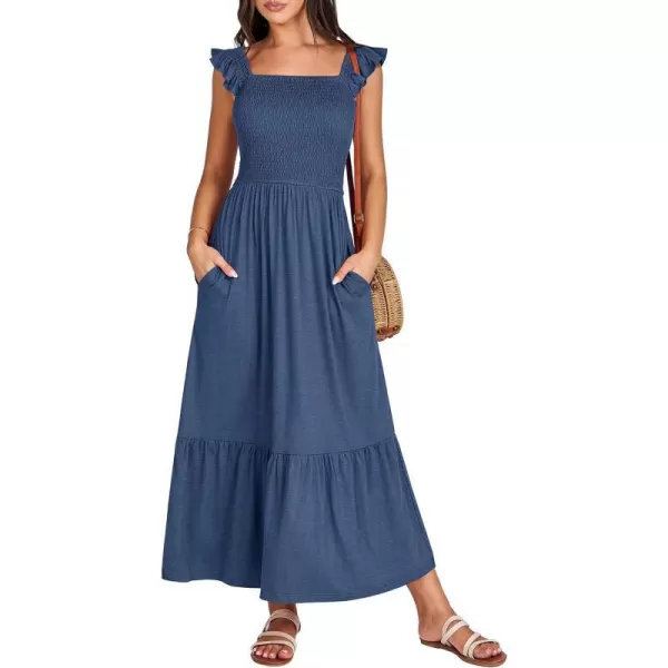 imageANRABESS Womens Summer Maxi Dress Square Neck Ruffle Sleeveless Smocked Tiered Casual Beach Sundress with PocketsBlue
