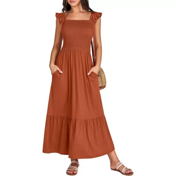 imageANRABESS Womens Summer Maxi Dress Square Neck Ruffle Sleeveless Smocked Tiered Casual Beach Sundress with PocketsBrick Red