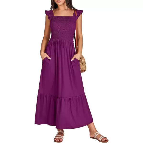 imageANRABESS Womens Summer Maxi Dress Square Neck Ruffle Sleeveless Smocked Tiered Casual Beach Sundress with PocketsDark Purple