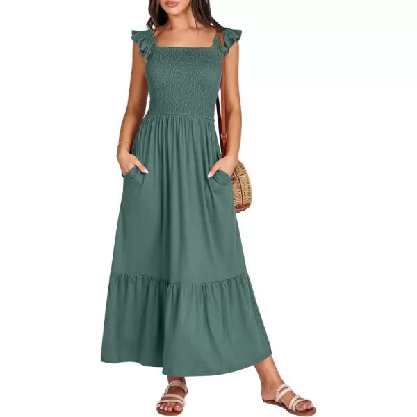 imageANRABESS Womens Summer Maxi Dress Square Neck Ruffle Sleeveless Smocked Tiered Casual Beach Sundress with PocketsGreen