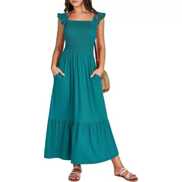 imageANRABESS Womens Summer Maxi Dress Square Neck Ruffle Sleeveless Smocked Tiered Casual Beach Sundress with PocketsLake Green