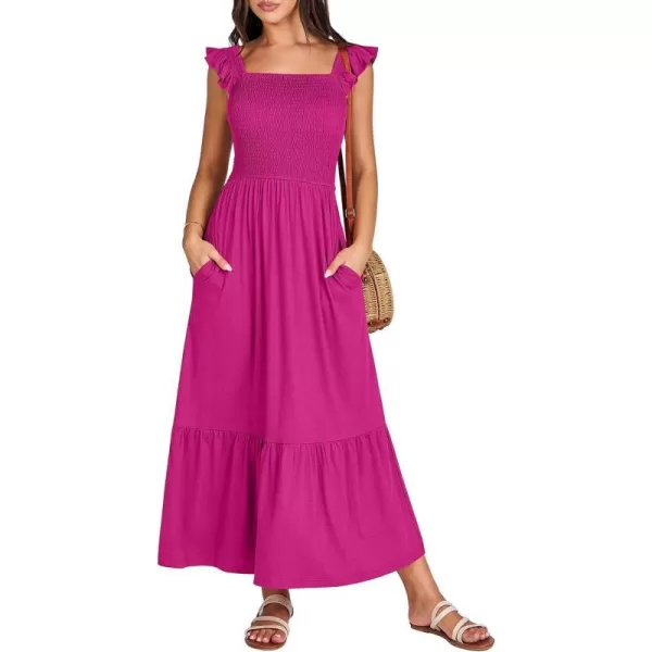 imageANRABESS Womens Summer Maxi Dress Square Neck Ruffle Sleeveless Smocked Tiered Casual Beach Sundress with PocketsRose