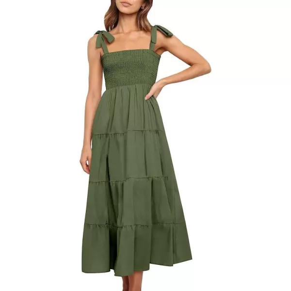 imageANRABESS Womens Summer Midi Dress Casual Boho Sleeveless Tie Strap Smocked Tiered Long Beach Sun DressesOlive