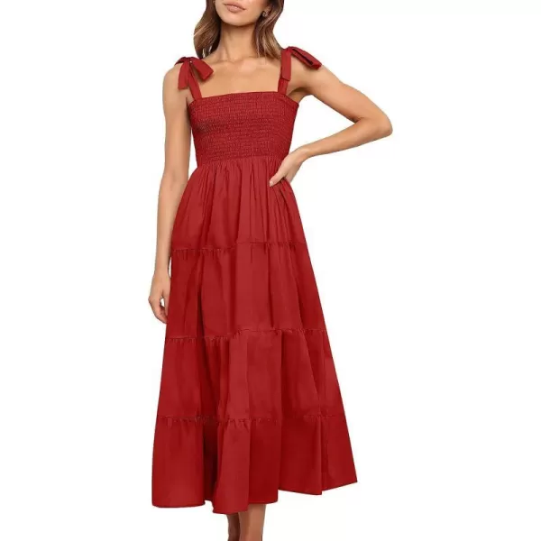 imageANRABESS Womens Summer Midi Dress Casual Boho Sleeveless Tie Strap Smocked Tiered Long Beach Sun DressesRed