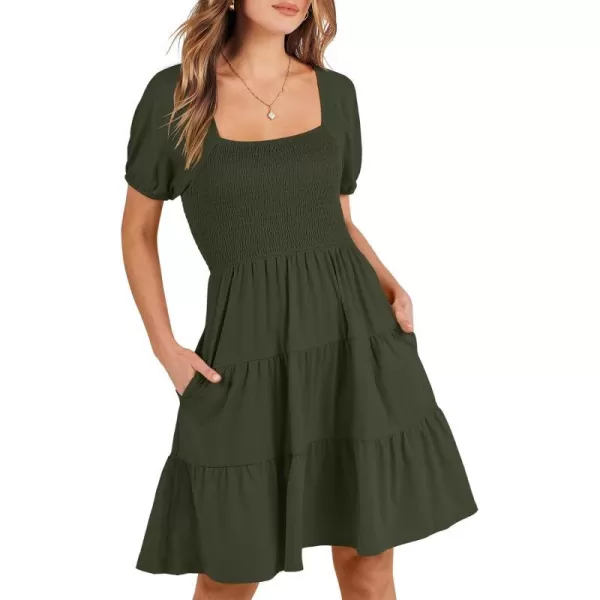 imageANRABESS Womens Summer Mini Dresses 2024 Casual Square Neck Smocked Puff Sleeve Cute Short DressArmy Green