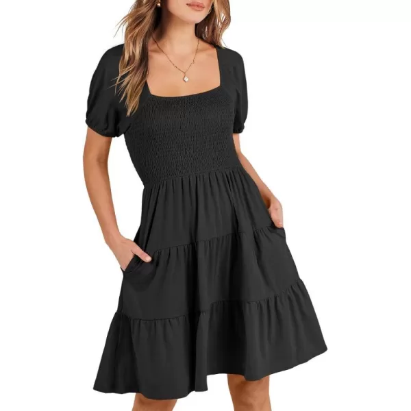 imageANRABESS Womens Summer Mini Dresses 2024 Casual Square Neck Smocked Puff Sleeve Cute Short DressBlack